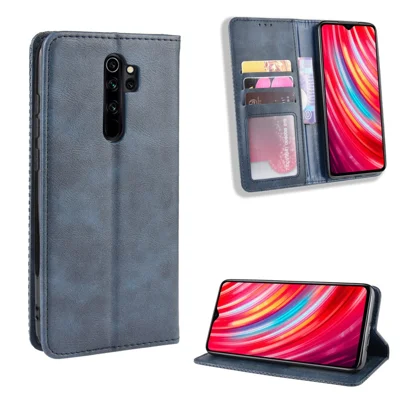 Retro automatisk tiltrækkende læderetui til Xiaomi Redmi Note 8 Pro - Blå