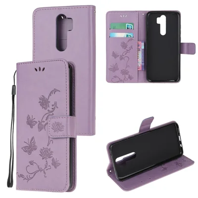 Imprint Butterfly Flower Læder Wallet Etui til Xiaomi Redmi Note 8 Pro - Lyserosa