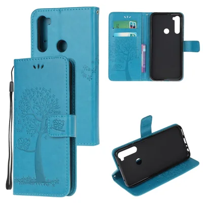 Imprint Tree Owl PU Leather Wallet Phone Cover with Stand for Xiaomi Redmi Note 8 - Blue