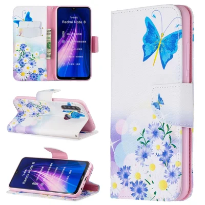 Pattern Printing PU Leather Flip Stand Phone Cell Shell for Xiaomi Redmi Note 8 - Flower and Blue Butterfly