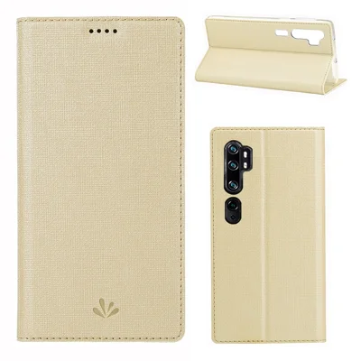 VILI DMX, etui skórzane z teksturowaniem krzyżowym, z uchwytem i wizytówką, kolor złoty, na Xiaomi Mi CC9 Pro / Note 10 / Note 10 Pro