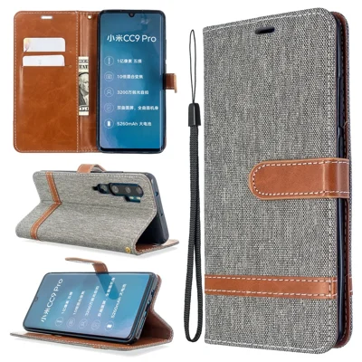 Etui portfel z dzianiny jeansowej i skóry w różnych kolorach dla Xiaomi Mi CC9 Pro / Mi Note 10 / Mi Note 10 Pro - Szary