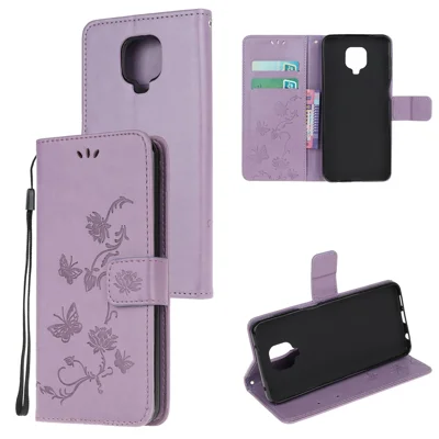 Imprint Butterfly Flowers Leather Wallet Phone Case for Xiaomi Redmi Note 9 Pro - Light Purple