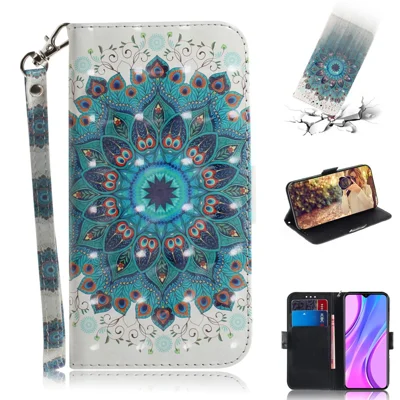 Light Spot Decor Pattern Printing Wallet Stand Leather Case with Strap for Xiaomi Redmi 9 - Mandala Flower