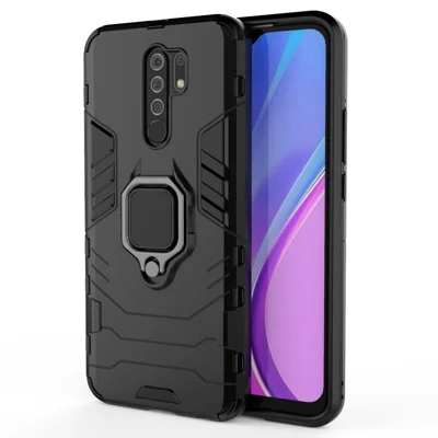 Cool Guard Ring Holder Kickstand PC TPU Hybrid Case Protective Shell for Xiaomi Redmi 9 - Black