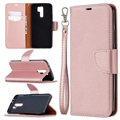 Litchi Skin Stylish Leather with Wallet Cover for Xiaomi Redmi 9 - Rose Gold