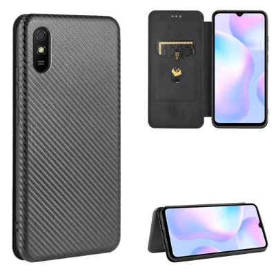 Carbon Fiber Auto-absorbed Leather Shell with Stand for Xiaomi Redmi 9A - Black