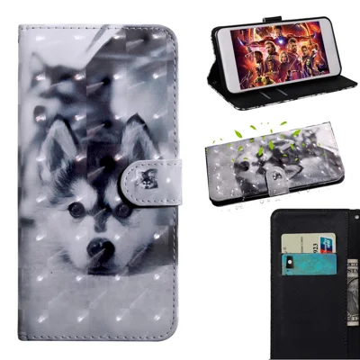 Light Spot Decor Patterned Leather Wallet Stand Case for Xiaomi Redmi 9 - Black and White Wolf