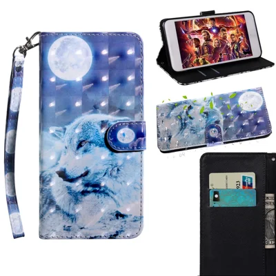Light Spot Decor Pattern Printing Wallet Stand Leather Phone Shell with Strap for Xiaomi Redmi 9A - Moon and Wolf