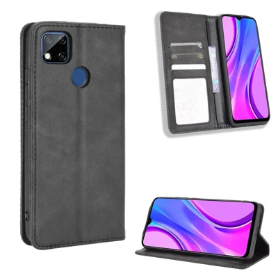 Auto-aangetrokken Retro PU Leren Shell Portemonnee Telefoonhoesje voor Xiaomi Xiaomi Redmi 9C/Redmi 9C NFC/Redmi 10A - Zwart