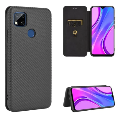 Automatisch sluitend lederen hoesje met koolstofvezelstructuur met standaard voor Xiaomi Redmi 9C/Redmi 9C NFC - Zwart