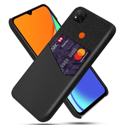 KSQ Hoes met kaarthouder Stof + PU-leer gecoate PC achterklep voor Xiaomi Redmi 9C/Redmi 9C NFC - Zwart