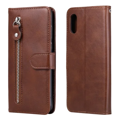Zipper Pocket Wallet Leather Stand Case for Xiaomi Redmi 9A - Brown