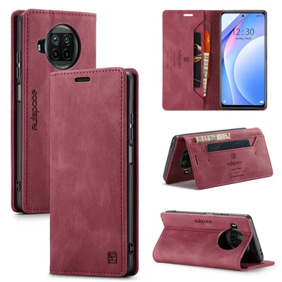 AUTSPACE A01 Seria RFID Blokada Retro Matowa Skórzana Etui Portfel na Xiaomi Mi 10T Lite 5G/ Mi 10i 5G/Note 9 Pro 5G - Czerwony