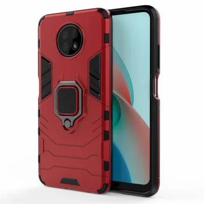 PC + TPU Hybrid Shell Finger Ring Holder Kickstand Case for Xiaomi Redmi Note 9 5G/Redmi Note 9T 5G - Red