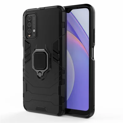PC TPU Hybrid Finger Ring Holder Kickstand Case for Xiaomi Redmi Note 9 4G (Qualcomm Snapdragon 662)/9 Power/9T - Black