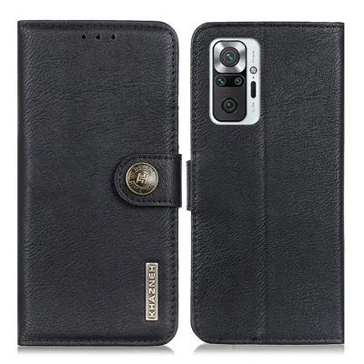 KHAZNEH Magnetic Buckle Design Wallet PU Leather Phone Stand Shell Case for Xiaomi Redmi Note 10 Pro - Black