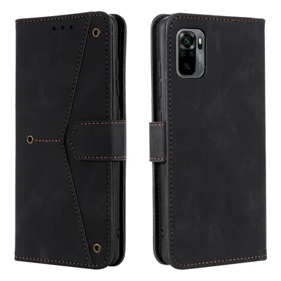 Rivet Decor Skin-Feeling Splicing Leather Wallet Phone Protective Cover voor Xiaomi Poco M5s 4G / Redmi Note 10 4G / Note 10S 4G - Zwart
