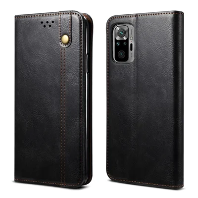 Oil Wax Surface PU Leather+TPU Wallet Stand Phone Cover for Xiaomi Redmi Note 10 4G (Internal)  / Note 10S (Foreign) - Black