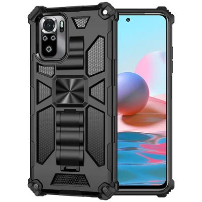 Armor Shockproof Kickstand PC TPU Phone Case with Magnetic Metal Sheet for Xiaomi Poco M5s 4G / Redmi Note 10 4G / Note 10S 4G  - Black