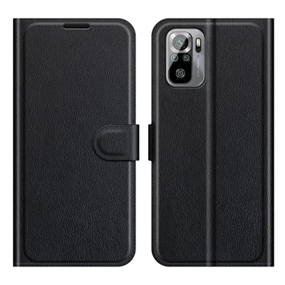 Capa Carteira com Suporte de Couro Dividido com Textura de Lichia com Sucção Magnética Automática para Xiaomi Poco M5s 4G / Redmi Note 10 4G / Note 10S 4G - Preto