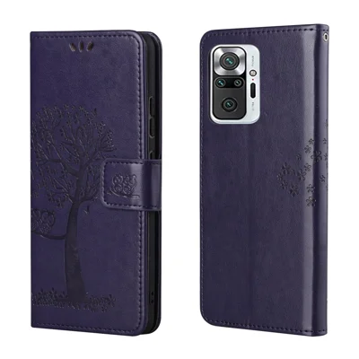 Wallet Design Inside and Outside Tree Owl Pattern Imprint Leather Stylish Case for Xiaomi Redmi Note 10 Pro 4G (India)/(Global)/Note 10 Pro Max - Dark Blue