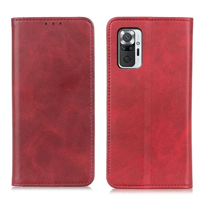 Split Leather Wallet Phone Stand Cover for Xiaomi Redmi Note 10 Pro 4G (India)/(Global)/Note 10 Pro Max Auto-absorbed Design Phone Shell - Red