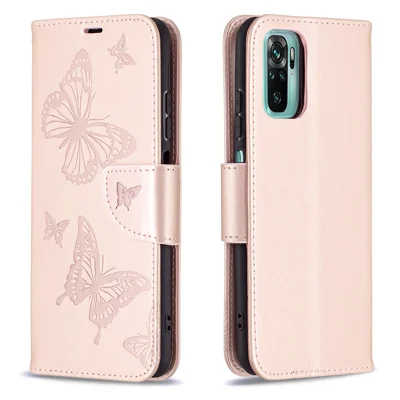 Чехол-кошелек из кожзаменителя с бабочкой для Xiaomi Redmi Note 10S / Poco M5s 4G / Note 10 4G — розовый