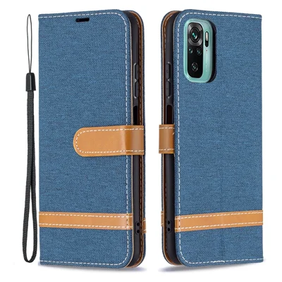 Чехол для Xiaomi Redmi Note 10 4G / Note 10S / Poco M5s 4G из джинсовой ткани с эффектом состёгивания и отделением для денег — тёмно-синий