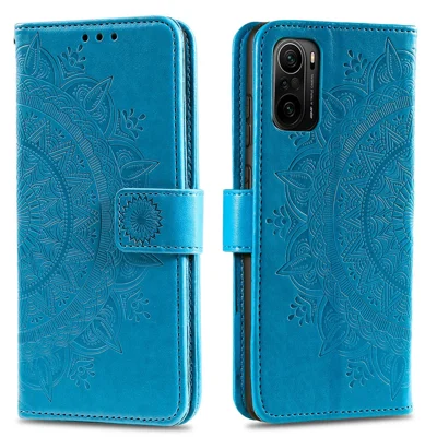 Imprinted Mandala Flower Wallet Leather Case with Strap for Xiaomi Redmi K40 - Blue