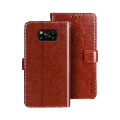IDEWEI Crazy Horse Texture Leather Wallet Folio Flip Mobile Phone Case for Xiaomi Poco X3 Pro - Brown
