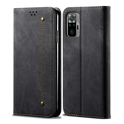 Vintage Style Wallet Stand Jeans Cloth Texture Leather Phone Cover for Xiaomi Redmi Note 10 Pro / Note 10 Pro (India) / Note 10 Pro Max - Black