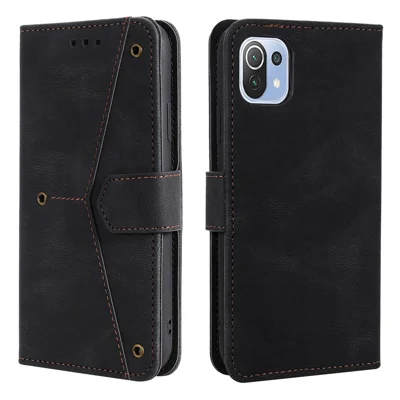 Rivet Decor Skin-Feeling Splicing Leather Wallet Phone Protective Cover for Xiaomi Mi 11 Lite 4G / 5G / 11 Lite 5G NE - Black