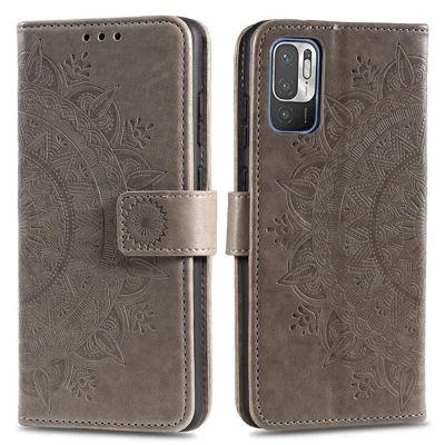 Gedrukte Mandala Flower Wallet lederen hoes met bandje voor Xiaomi Redmi Note 10 5G/Poco M3 Pro 5G/4G - Grijs