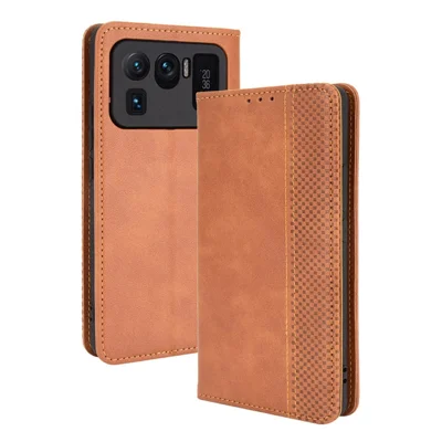 Magnetischer Verschluss Vintage Stil Telefon Fall Brieftasche Stand Lederabdeckung Für Xiaomi Mi 11 Ultra - Braun