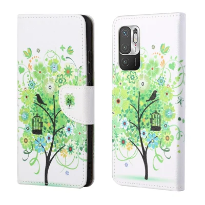 Pattern Printing Cross Texture Wallet Stand Design Leather Phone Case Shell for Xiaomi Redmi Note 10 5G/Poco M3 Pro 5G/4G - Green Tree