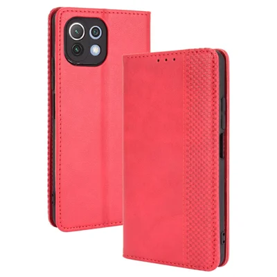 Magnetic Vintage Style Wallet Stand Phone Case Cover for Xiaomi Mi 11 Lite 4G / 5G / 11 Lite 5G NE - Red