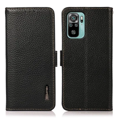 Capa de Telemóvel em Pele Genuína com Textura de Lichia e Função Anti-furto, com Suporte e Carteira com Proteção RFID, para Xiaomi Redmi Note 10 4G / Note 10S / Poco M5s 4G - Preto