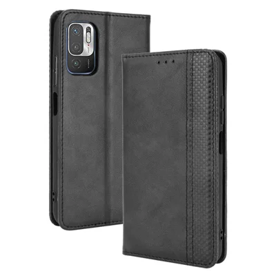 Étui Portefeuille en Cuir Style Vintage avec Fermeture Magnétique pour Xiaomi Redmi Note 10 5G/Poco M3 Pro 5G/4G - Noir