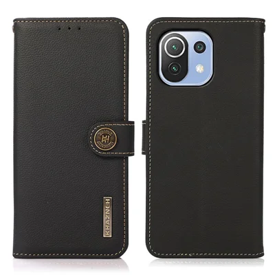 KHAZNEH Genuine Leather Phone Shell Full Protection Case with RFID Blocking Anti-theft Swiping Design for Xiaomi Mi 11 Lite 4G / 5G / 11 Lite 5G NE - Black