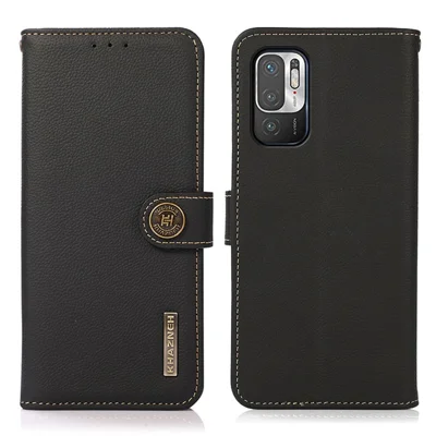KHAZNEH Full Protection Genuine Leather Phone Shell Case with RFID Blocking Anti-theft Swiping Design for Xiaomi Redmi Note 10 5G/Poco M3 Pro 4G/Poco M3 Pro 5G - Black