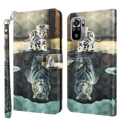 Capa de Telemóvel em Pele com Impressão em 3D, à Prova de Choques, com Carteira, Suporte e Alça para Xiaomi Redmi Note 10 4G / Note 10S / Poco M5s 4G - Gato e Tigre