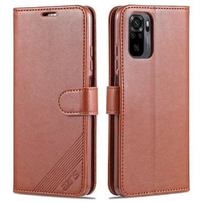 Funda protectora de cuero con soporte tipo cartera AZNS para Xiaomi Poco M5s 4G / Redmi Note 10 4G / Note 10S 4G - Marrón