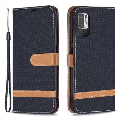 For Xiaomi Redmi Note 10 5G/Poco M3 Pro 4G/Poco M3 Pro 5G Jeans Cloth Splicing Leather Wallet Stand Phone Cover - Black