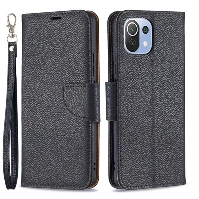 Litchi Texture Wallet Stand Leather Phone Case with Wrist Strap for Xiaomi Mi 11 Lite 4G / 5G /11 Lite 5G NE - Black