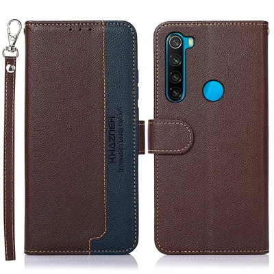 KHAZNEH Litchi Texture Bi-color Splicing Leather Wallet Phone Stand Case with Anti-theft Swiping Design for Xiaomi Redmi Note 8 2021 - Brown