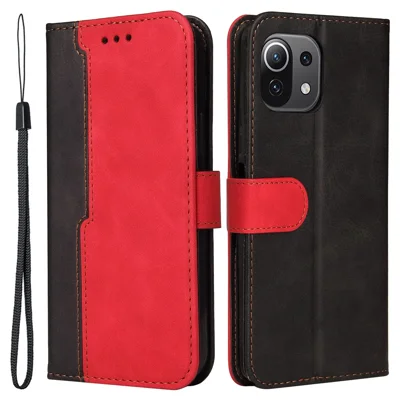 Two-Color Splicing Magnetic Soft PU Shockproof Business Wallet Case with Wrist Strap for Xiaomi Mi 11 Lite 4G / 5G /11 Lite 5G NE - Red/Black