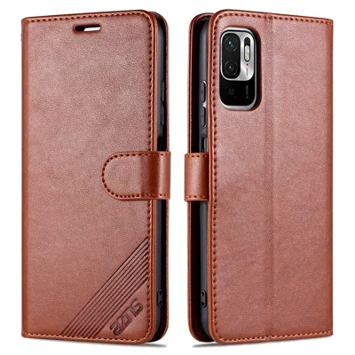 AZNS PU Leather Phone Wallet Stand Case Cover for Xiaomi Redmi Note 10 5G/Poco M3 Pro 4G/5G - Brown