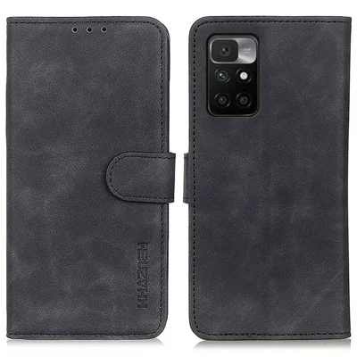 KHAZNEH Skórzana etui-portfel w stylu vintage z podstawką, ochronne etui na telefon dla Xiaomi Redmi 10 4G (2021) - Czarny