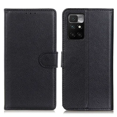 Classic All-Inclusive Litchi Texture Magnetic Closure Protective Leather Wallet Stand Case for Xiaomi Redmi Note 11 4G (MediaTek)/Redmi 10 4G/Redmi 10 2022 4G/10 Prime - Black